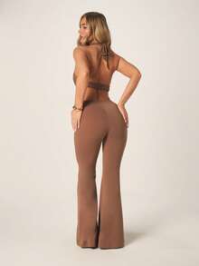 MISSGUIDED Women's Cross Front Plunge Halter Jumpsuit With Cut Out Waist Detail And Flared Leg Design For Evening Party Occasion - Brown - View 3