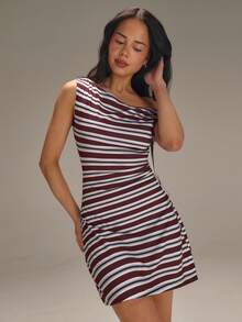Athîral Women's Casual Asymmetric-Shoulder Striped Print Knit Mini Dress - Multicolor - View 4