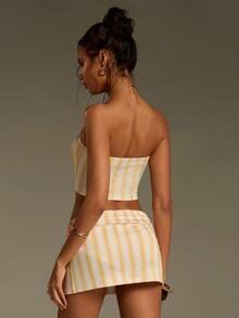 Athîral Women's Casual Vacation Strapless Sleeveless Yellow Striped Knit Mini Skirt 2 Pieces Set - Yellow - View 2