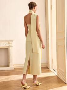Women's Elegant Tie-Waist Button Bandeau Top And Straight Skirt Suit Set - Light Yellow - View 7