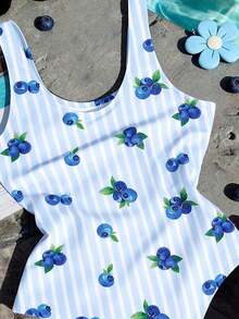 复古甜美迷你蓝莓图案，浅蓝色条纹印花，少女休闲简约连体泳衣，适合夏季穿着，可爱蓝莓印花连体泳衣，条纹连体泳衣 - 彩色 - 查看 4