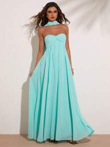 SHEIN BAE Đầm nữ màu xanh lá cây trơn không dây vai, thắt cổ, thích hợp cho kỳ nghỉ biển, khu nghỉ dưỡng biển, kỳ nghỉ thường ngày, tụ họp bạn bè, chuyến đi cuối tuần, đầm đi biển, đầm đi nghỉ mát, đầm xanh lam pha xanh lá cây, phong cách Y2K, đầm dự lễ hội âm nhạc, đầm thanh lịch. - màu xanh lá - Xem 1