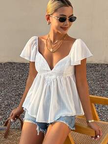 Livesso Countryside Style Holiday Easter Party Summer Vacation White Petal Sleeve Cinched Waist Solid V-Neck Blouse For Women - Beige - View 3