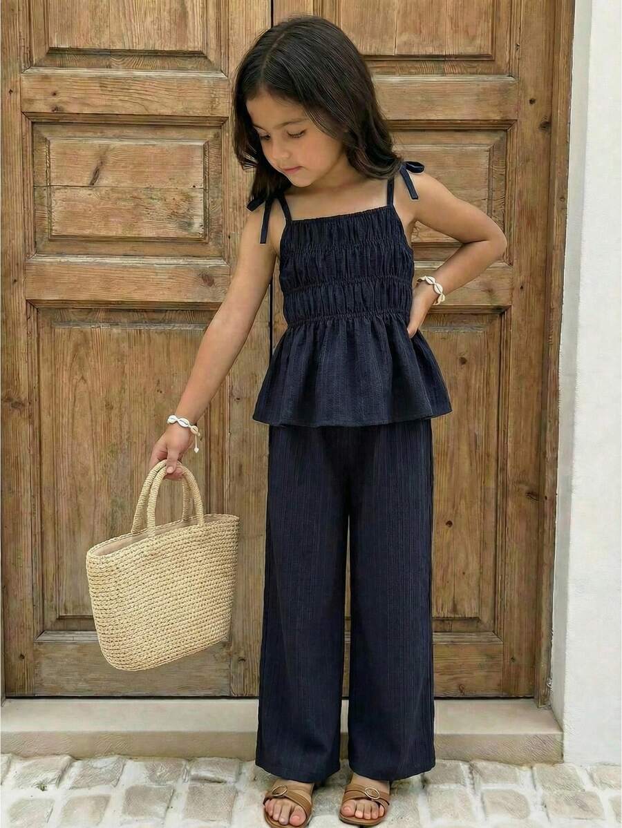 2pcs Young Girl Navy Blue Camisole Top And Loose Casual Pants Set, Suitable For Daily Outings, School, Beach Vacation, Beachwear, Spring/Summer - Royal Blue - View 1