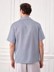 Men's Vintage Coin Texture Striped Short Sleeve Shirt, Casual Versatile Style Suitable For All Seasons - Navy Blue - View 2