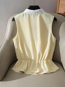 Franclia 法式优雅衬衫领褶皱下摆黄色女士夏季上衣 - 淡黃色 - 查看 2