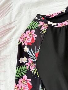 SHEIN Teen Girl Tropical Plant Print Raglan Sleeve Shorts Casual Swimsuit Set - Black - View 8