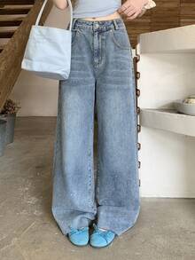 FRIFUL Women's Loose Fit Pocketed Wide Leg Casual Jeans - Blue - View 8