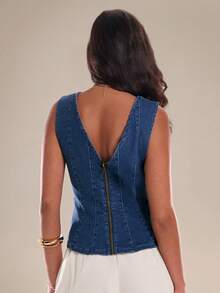 Avantive Áo sơ mi denim không tay cổ tròn dáng casual dành cho nữ - Rửa trung bình - Xem 2