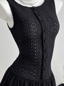 Elamini Women's Summer Minimalist Black Hollow-Out Jacquard Fitted Mini Dress - Black - View 5