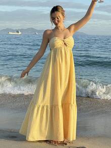 MainGRL Yellow Plaid Twist Bandeau Backless A-Line Flowy Dress, Suitable For Beach, Dates, Daily Wear, Spring/Summer - Light Yellow - View 4