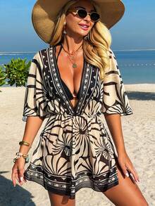 Swim Lushoire 女士V领收腰中袖露背系带度假连衣裙/罩衫，沙滩花卉印花，春夏款 - 黑色 - 查看 1