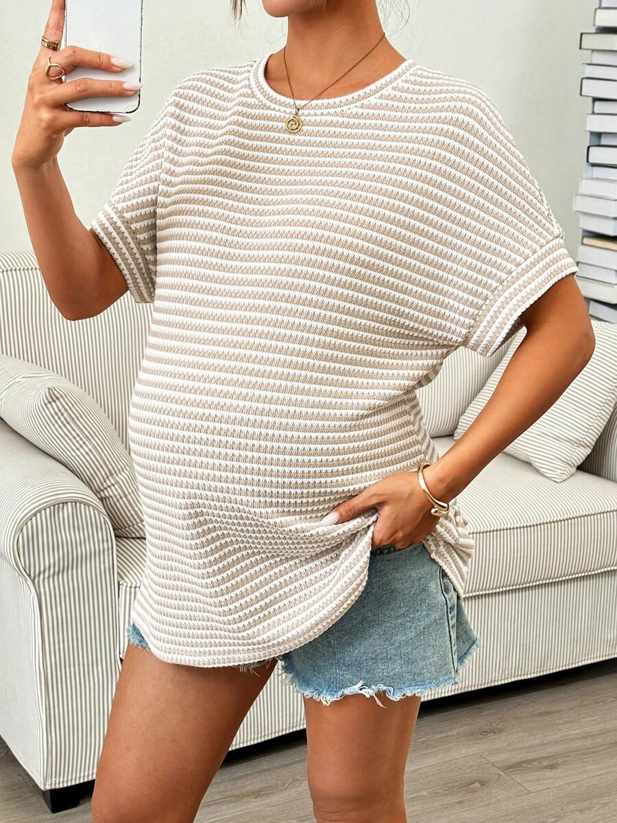 SHEIN Maternity Striped Round Neck Batwing Short Sleeve Casual Loose T-Shirt - Khaki - View 1