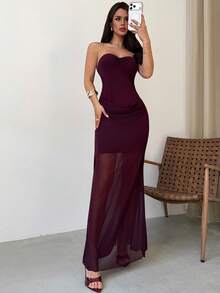 Firerie Women's Elegant Romantic Strapless Ruched Dress With Mesh Overlay, Suitable For Wedding - Red Violet - View 8