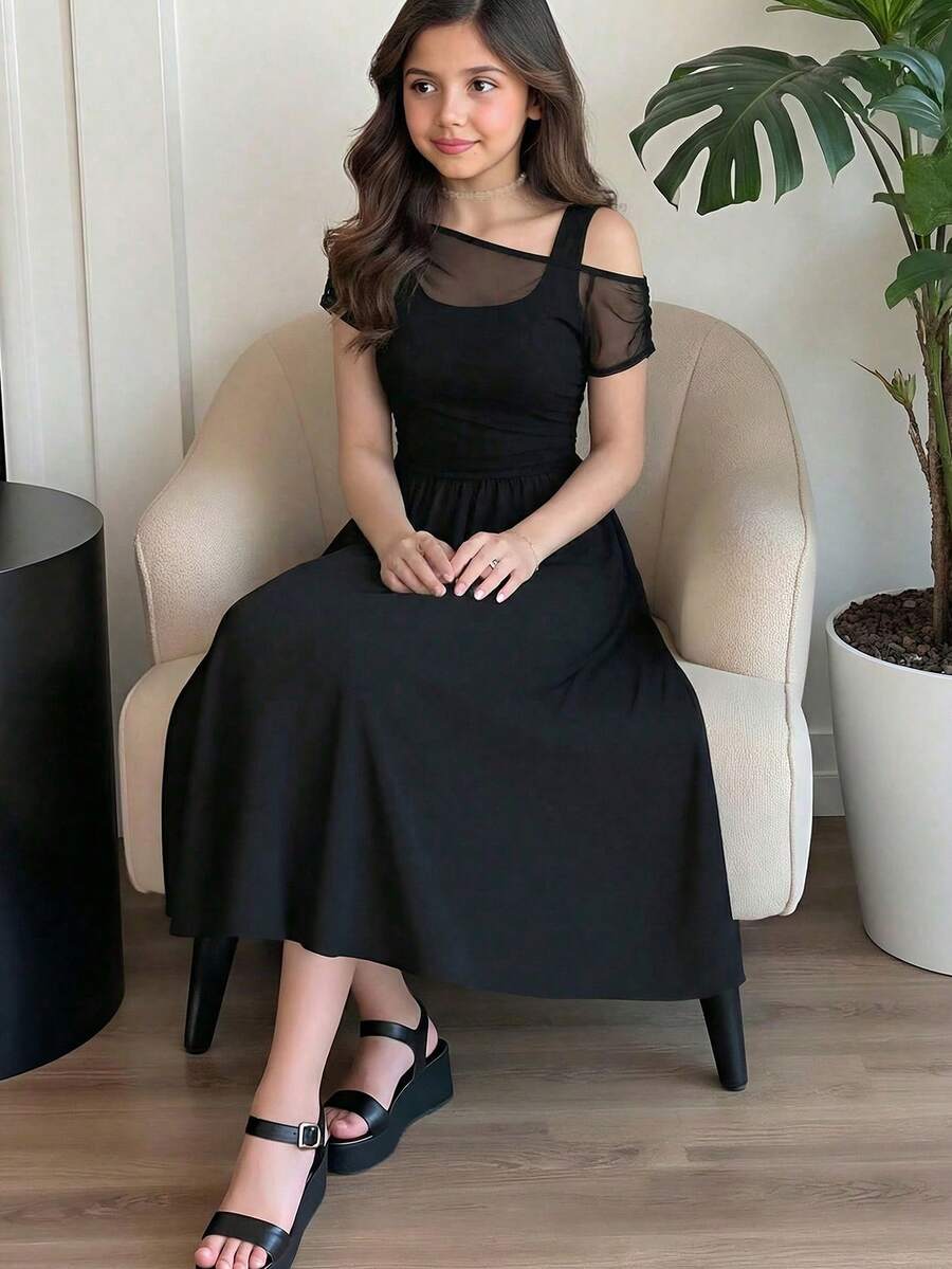 SHEIN 少女黑色针织透视不对称领收腰A字简约优雅百搭连衣裙 - 黑色 - 查看 1