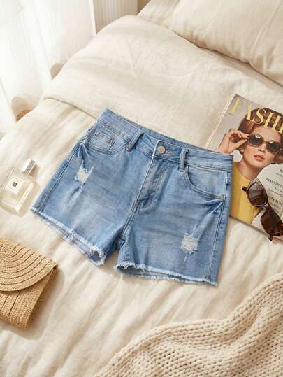 Shorts de Jean de Alta Elasticidad de Cintura Media con Roturas y Borde Deshilachado de Color Azul Claro para Mujer, Pantalones Cortos que Afinan la Figura