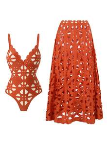 Swim Oasis Summer New Laser Cut-Out Backless Sexy One-Piece Swimsuit Dress Set, High-End Fashion Swimwear - Redwood - View 4