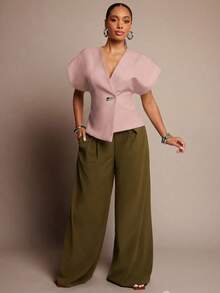 Vixey Solid Textured Woven Asymmetrical Hem Single Button Waistcoat Top - Baby Pink - View 3