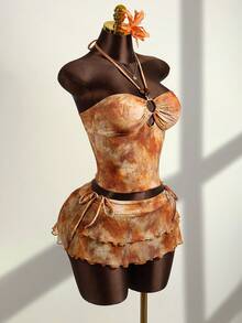 Zestiva 女士三件套泳装，扎染印花，串珠挂脖式领口，收腰设计，搭配多层吊带裙，夏季款 - 橘色 - 查看 4