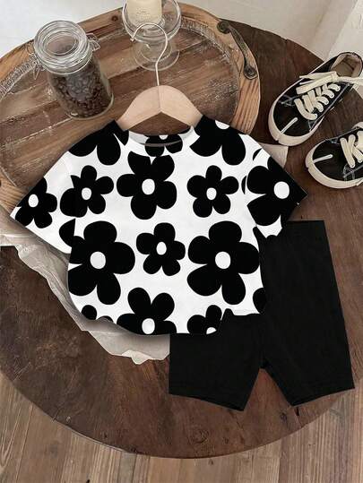 SHEIN Vintaside Kids 1 Set Camiseta de manga corta con cuello redondo y estampado floral y pantalones cortos casuales y lindos para niñas, adecuado para salidas y vacaciones, de primavera a verano