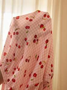 SHEIN Bộ đồ ngủ nữ phong cách đồng quê lãng mạn, in chữ hoa anh đào, dáng ôm, tay ngắn, kẻ caro, quần dệt hoa anh đào. - trắng - Xem 8