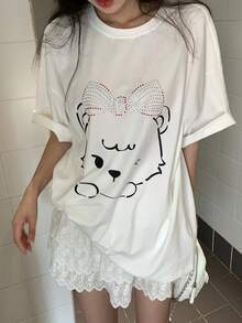 DAZY Women's Crew Neck Cartoon Rhinestone Embellished Short Sleeve Chic Korean Style T-Shirt Graphic Tees Women - White - View 5