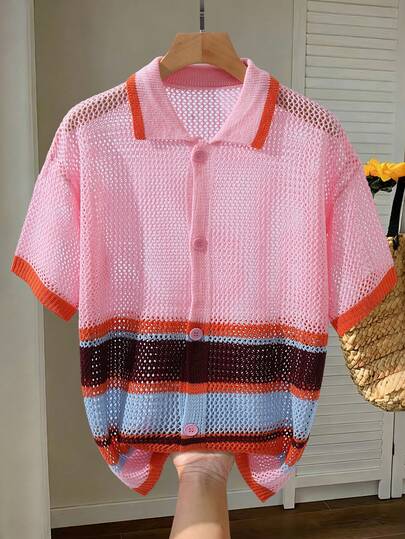 Manfinity RSRT Men's Contrast Color Button Front Casual Short Sleeve Knit Top