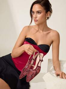 CUCCOO CHICEST New Burgundy Embroidered Mesh Beaded Square Toe Stiletto Heel Elegant Party Ankle Strap Pumps For Women Wedding Shoes Spring Shoes Bride Shoes - Burgundy - View 8