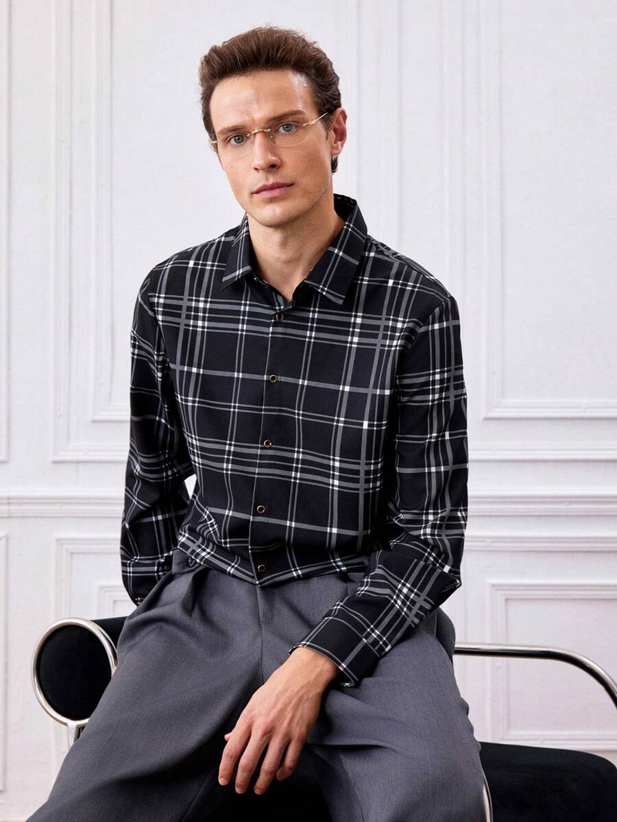 Officeau Men's Casual Plaid Front Button Elegant Business Shirt - Essential Gift For Men - Black - View 1