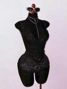 EgrlEra Rochie de petrecere pentru femei, cu decolteu adânc în V, sexy, transparentă, din material tip plasă cu strasuri, potrivită pentru petreceri de sărbători, ținute de club - Negru - Vizualizare 5