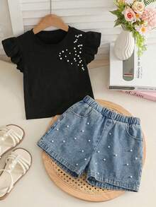 Sparklyn Bộ trang phục thường ngày cho bé gái tuổi teen: Áo thun cổ tròn tay phồng đính ngọc trai và quần short denim. - Nhiều màu - Xem 7