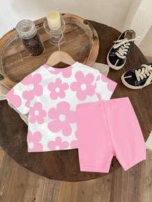 SHEIN Vintaside Kids 一套女婴休闲可爱碎花印花短袖圆领T恤和短裤套装，适合春夏季外出和度假。 - 彩色 - 查看 2