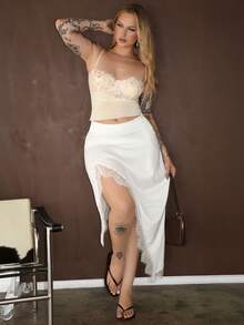 Arliah 女士优雅刺绣撞色蕾丝不对称半身裙，春夏款 - 杏色 - 查看 5