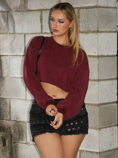 Arliah 女士纯色圆领宽松箱形短款水洗运动衫