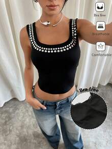 Siren Gaze Áo lót hai dây đính đinh tán, áo tank top nữ kiểu vintage - màu đen - Xem 7