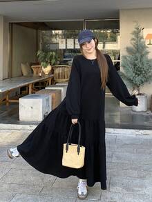 DAZY Đầm nữ cổ tròn màu trơn kiểu Hàn Quốc, viền bèo nhún, dáng dài ngang gối, thích hợp mặc đi hè. - màu đen - Xem 7