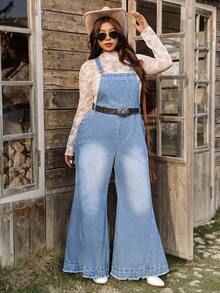 SHEIN LUNE Plus Size Faded Denim Bib Overalls - Medium Wash - View 1