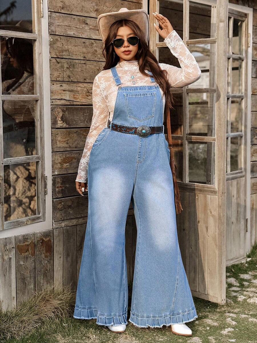 SHEIN LUNE Plus Size Faded Denim Bib Overalls - Medium Wash - View 1
