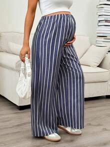 SHEIN Quần ống rộng kẻ sọc dáng suông, cạp chun điều chỉnh được, thích hợp mặc thường ngày cho phụ nữ mang thai. - Màu xanh hải quân - Xem 6