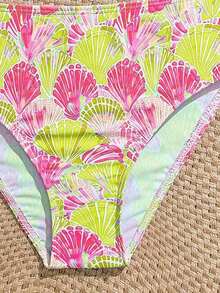 SHEIN 少女比基尼套装，黄粉贝壳印花，针织面料，两件式泳衣，时尚休闲优雅，适合游泳、度假和夏季穿着。 - 彩色 - 查看 5