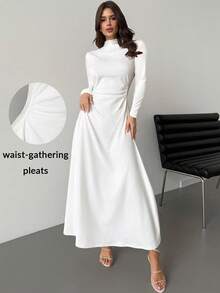 Firerie 女士新款优雅浪漫白色立领长袖褶皱 A 字长裙，适合日常通勤和约会 - 白色 - 查看 9
