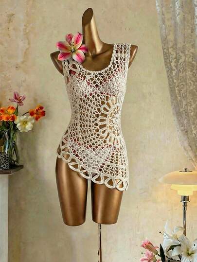 SHEIN MOD Women's Solid Color Hollow Asymmetrical Hem Casual Vacation Travel Coverup Dress,Festival Outfits For Women,Spring/Summer Outfit, Beach Outfit, Holiday Outfits, Beach Set