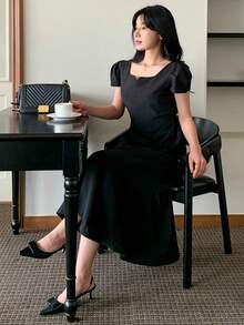 DAZY Women's Fitted Midi Dress With Collar - Black - View 8