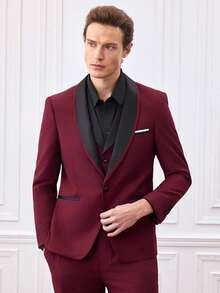 Officeau SuitGent 三件套男士高品质商务西装，撞色新郎婚礼礼服，修身休闲西装外套和裤子套装，春季礼服套装 - 酒紅色 - 查看 10