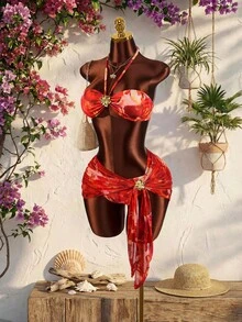 Amplova Conjunto de 3 piezas de traje de baño de mujer con efecto tie-dye rojo, con accesorios metálicos, sexy y vanguardista, adecuado para vacaciones en la playa, sexy y lindo con estampado floral - Multicolor - View 6