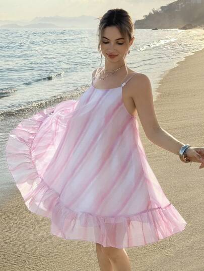 MainGRL Women's New Spring/Summer Sweet Romantic Tie Dye Print Fabric Spaghetti Strap Wooden Bead Decor A-Line Ruffle Hem Flowy Dress, Suitable For Dates, Vacations, Outings, Daily Wear, Wedding Season