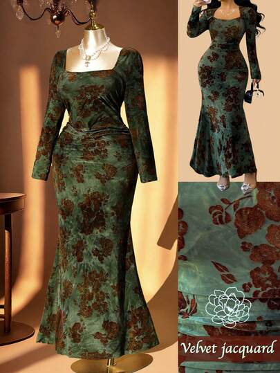 Rometta Vestido largo ajustado de mujer con estampado floral de terciopelo, elegante y retro estilo francés