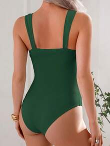 Swim Basics 春假女士纯色褶皱肩带极简连体泳衣，节日波西米亚风连体泳衣，女士泳装沙滩套装 - 綠色 - 查看 2