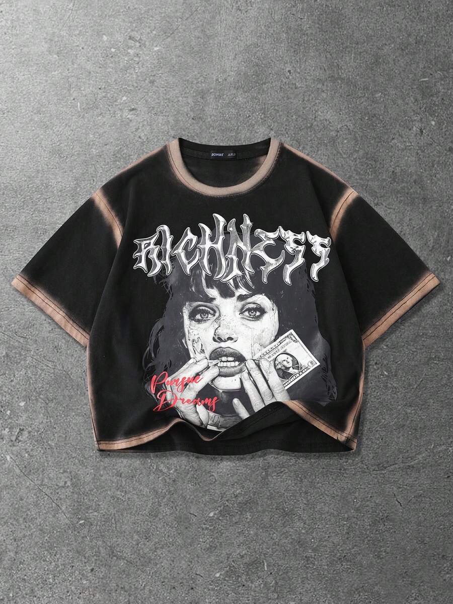 ROMWE MEN Street Life Camiseta de manga corta de cuello redondo para hombre, de ajuste holgado, con pintura en aerosol hecha a mano y versátil, para el verano - Negro - Ver 1