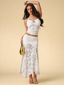 SHEIN BAE Women's Vacation Cashew Lace Asymmetric Hem Fashionable Skirt - White - View 5